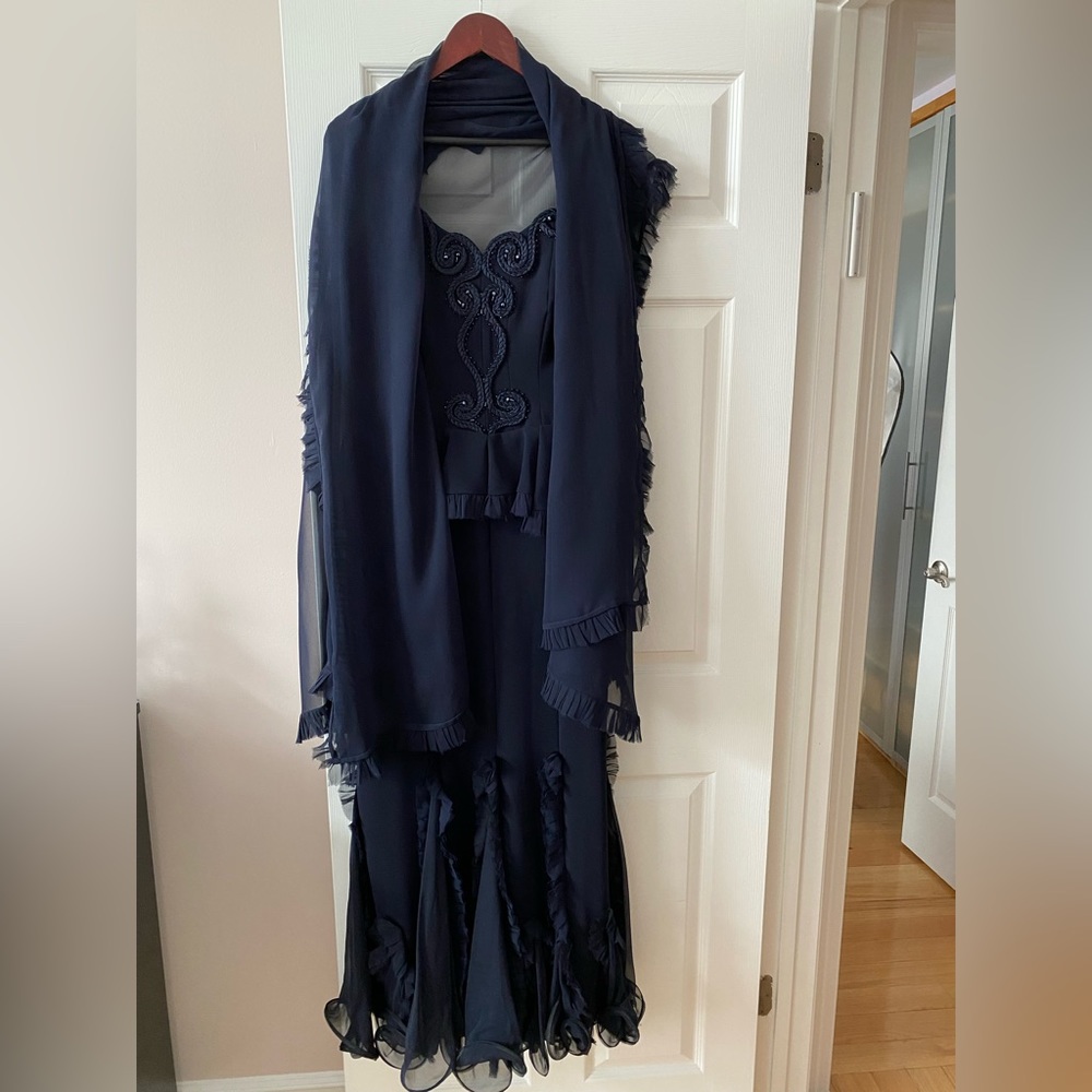 Custom Made Navy Blue Floor Length Dress with Shawl
